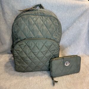Vera Bradley quilted back pack olive leaf green with matching wallet lighten up